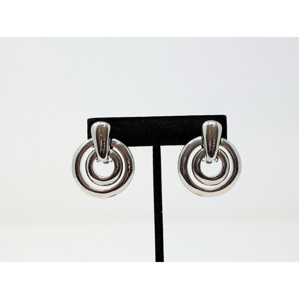 Silver Tone Earrings Clip On Round Concentric Circles Power Dressing
